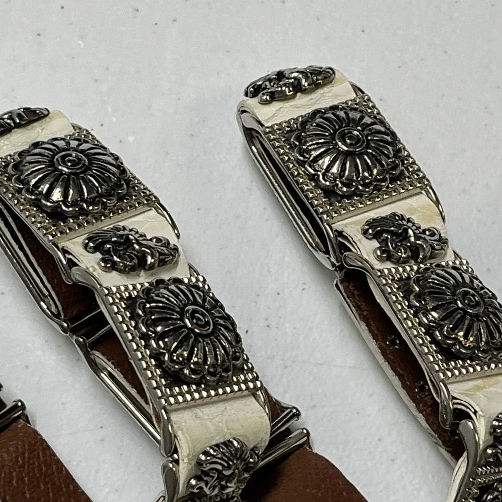 Cappopera Belt‎ White Leather Heavy Engraved Floral Silver Hardware Artsy Italy